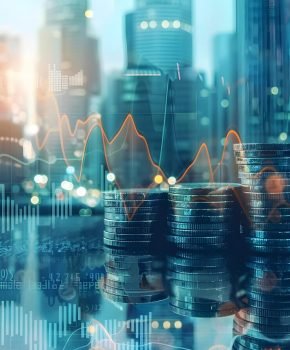 double-exposure-city-graph-rows-coins-finance-business-concept_875746-23806